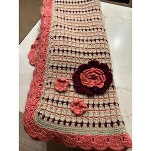 Crochet Handmade Vintage Throw Afghan Pink, Beige, Plum with Adorned Flowers!